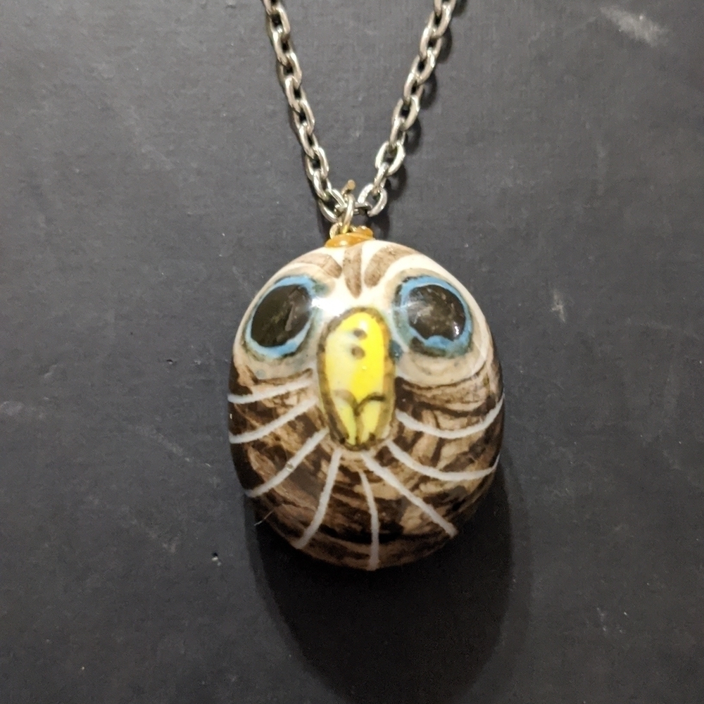 Silver Tone Hand Painted Ceramic Brown and White Owl Pendant Statement Necklace